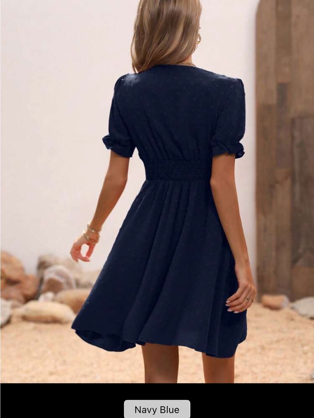 Navy Blue V-Neck Swiss Dot Puff Sleeve Mini Dress NWOT - Picture 3 of 9